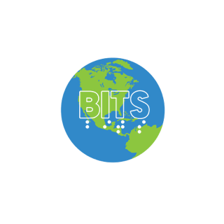 BITS logo: Green and blue Earth with hands around it. Text above reads 'Blind Information Technology Specialists' in bold sans-serif font on a black background.